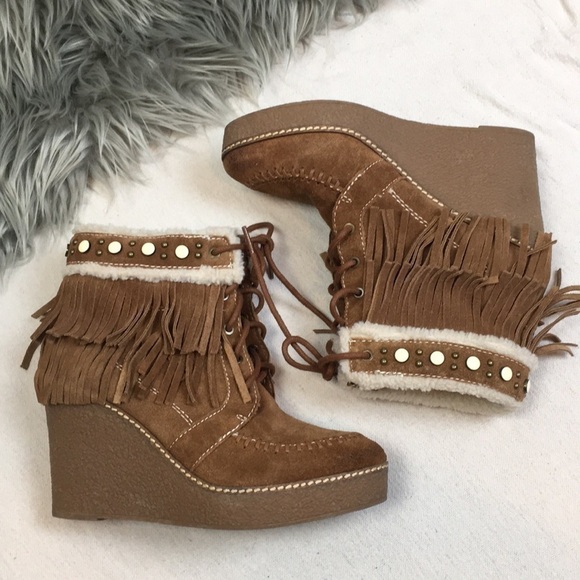 Sam Edelman Kemper Fringe Faux Fur Wedge Bootie boho western - Picture 5 of 8